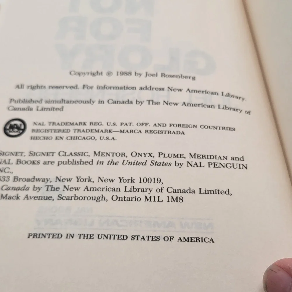Joel Rosenberg Not For Glory Hardcover Book‎ Club Edition 1988 Sci-Fi Fair
